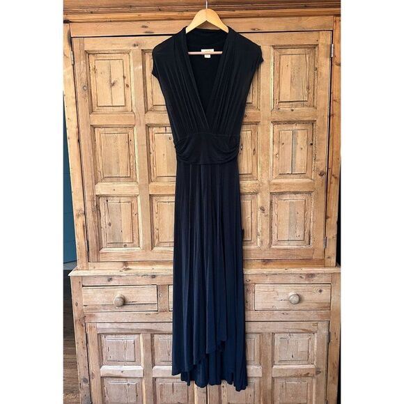 Maeve Anthropologie Small Dress Black Maxi V-Neck‎ Low Cut Cinching Slit - Picture 2 of 10